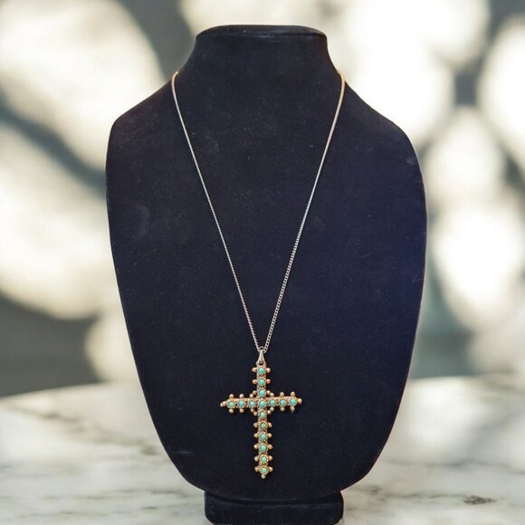 Cross Pendant Necklace Turquoise Silver Toned Chain 2.5 Inch Focal Point - Picture 1 of 4